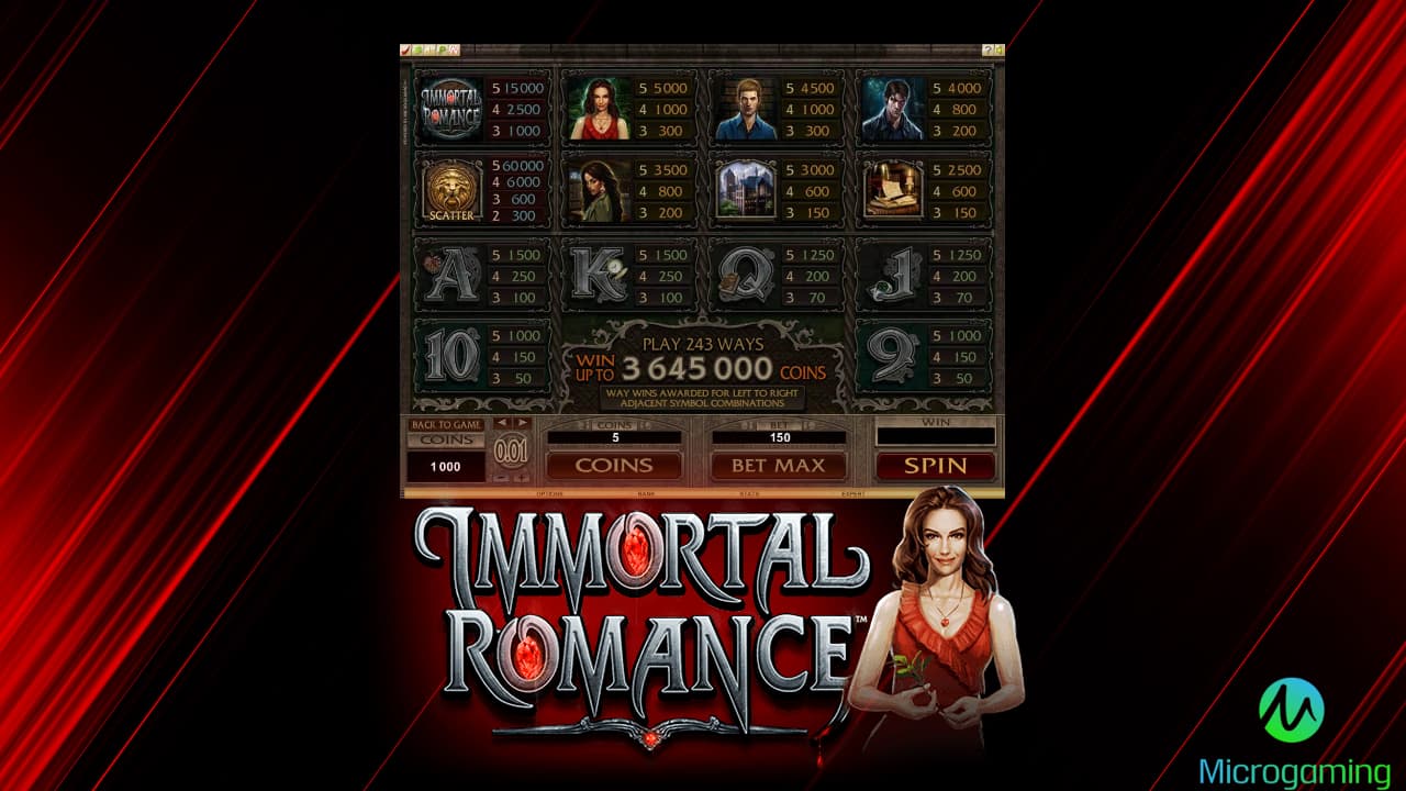 Immortal Romance slot game paytable